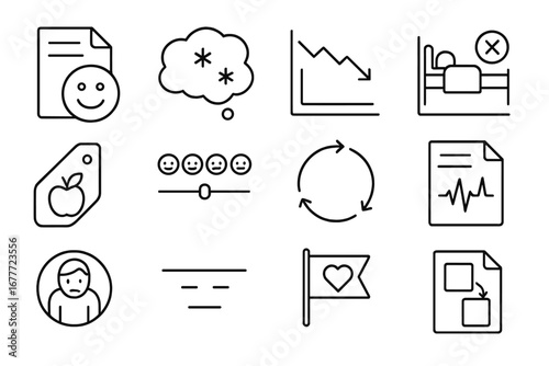Mental Health Icons. Line style icons of depression and anxiety tracking: mood log file, anxious thoughts cloud, energy level