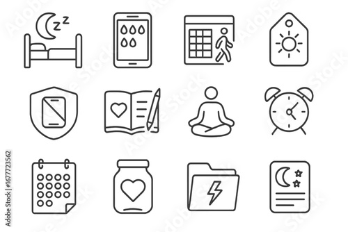 Mental Health Icons. Line style icons of daily mental health habits: sleep routine icon, water intake tracker, movement log sheet,