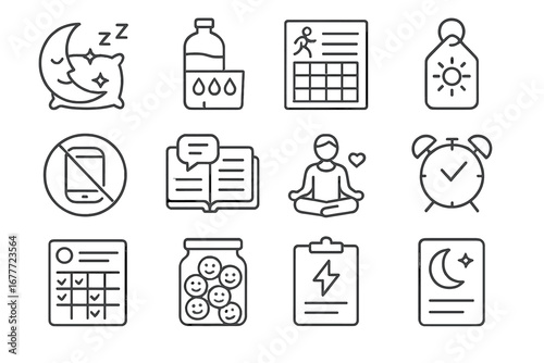 Mental Health Icons. Line style icons of daily mental health habits: sleep routine icon, water intake tracker, movement log sheet,