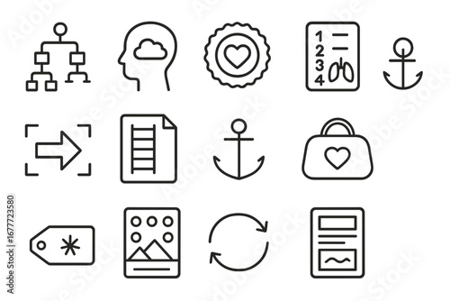 Anxiety Coping Icons. Line style icons of anxiety coping techniques: worry tree chart, thought defusion icon, calming statements