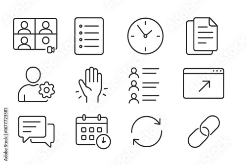 Virtual Meeting Icons. Line style icons of virtual meetings: video call with participants, agenda list, time zone clock, meeting