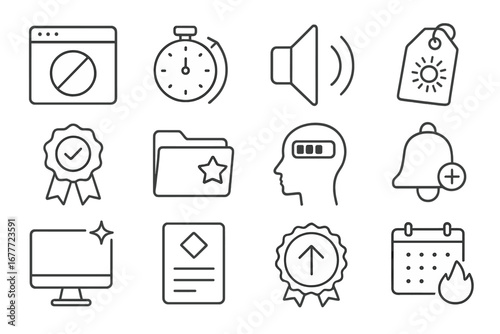 Remote Work Tools Icons. Line style icons of remote productivity boosters: distraction blocker app, deep work timer, ambient sound