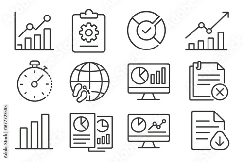 Productivity Analytics Icons. Line style icons of productivity analytics: time usage graph, output metrics icon, task completion