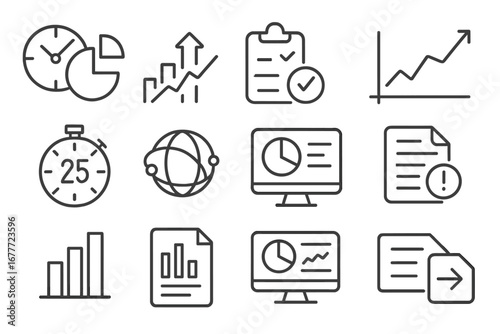 Productivity Analytics Icons. Line style icons of productivity analytics: time usage graph, output metrics icon, task completion