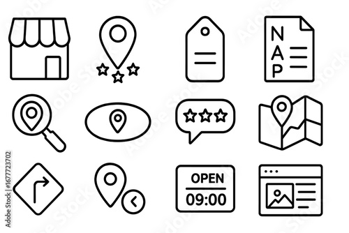 Local SEO Line Icons. Line style icons of local SEO: Google Business icon, map pin with stars, local citation tag, NAP consistency