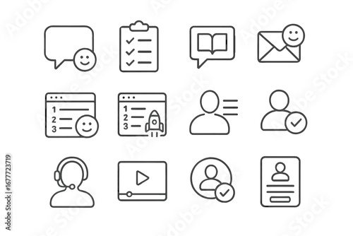 Onboarding Icons Set. Line style icons of customer onboarding support: welcome message icon, first-time user checklist, tutorial