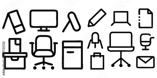 Set of household appliances and furniture icons in black vector illustration