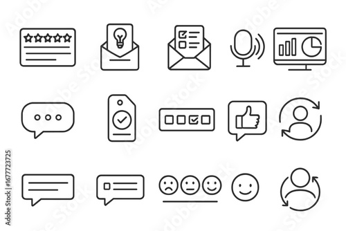 Feedback Collection Icons. Line style icons of feedback collection: star rating form, suggestion box icon, survey email icon, CSAT