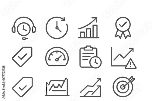 Support Metrics Icons. Line style icons of response metrics: first response time icon, resolution time clock, support KPI chart,