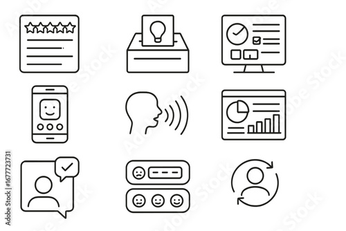 Feedback Collection Icons. Line style icons of feedback collection: star rating form, suggestion box icon, survey email icon, CSAT