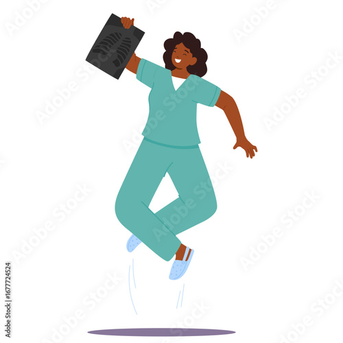 Happy woman radiographer doctor cartoon character holding x-ray scan in hand jumping mid-air