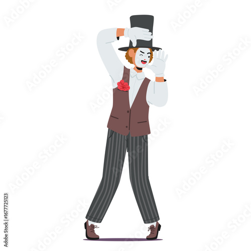 Comic man mime cartoon character entertaining on street showcasing funny comedian performance