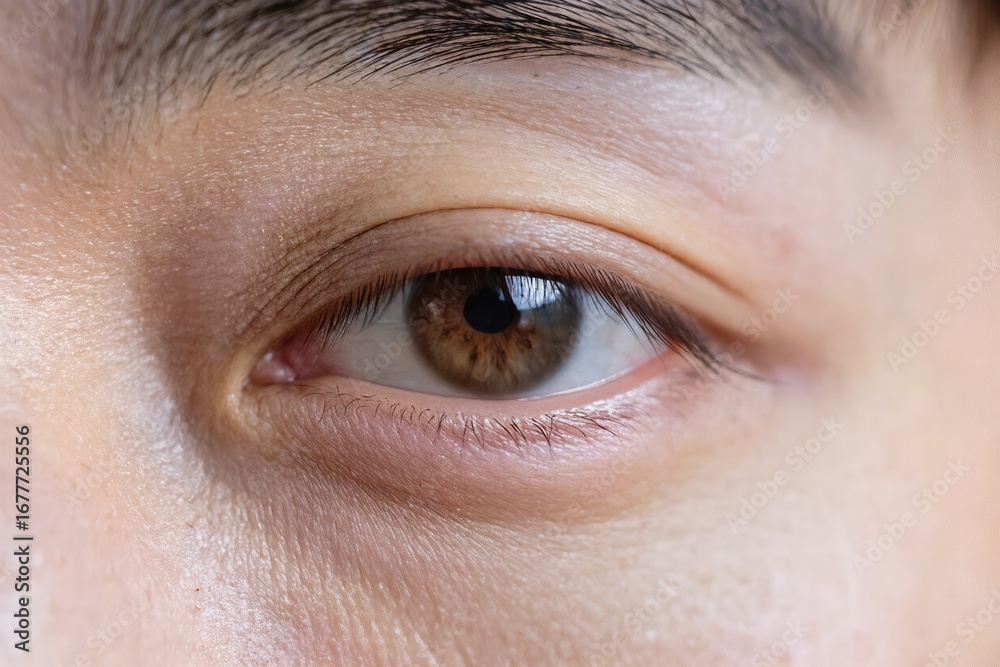 Obraz premium This closeup image of a human eye showcases a captivating brown iris with intricate patterns and unique beauty