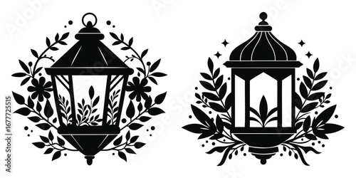 Two decorative lanterns surrounded by floral elements in a black and white 