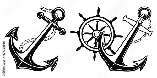 Nautical themed featuring anchors and a ship's wheel in black and white