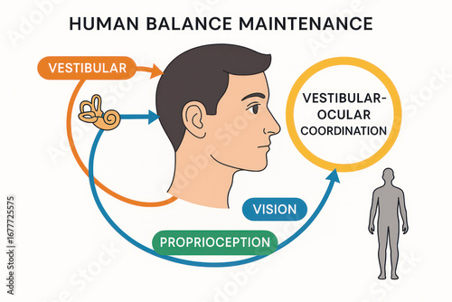 Human Balance Maintenance Illustration - Vestibular System, Vision, Proprioception [Illustration]