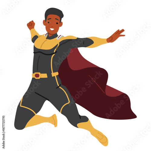 Brave disguised man superhero cartoon character jumping up high isolated on white background