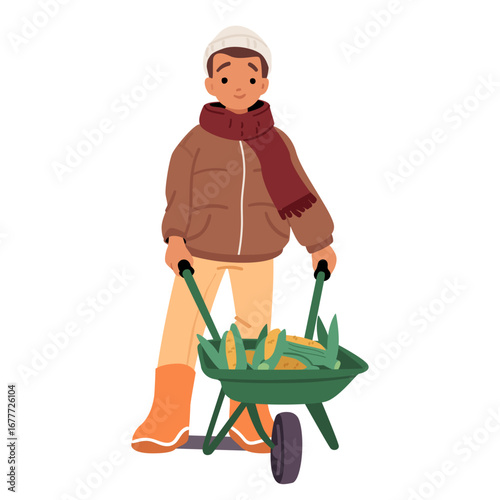 Cute preteen boy child cartoon character carrying wheelbarrow with sweet corncob autumn crop