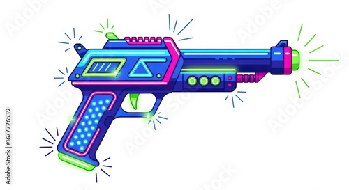 Futuristic Neon Blaster Toy Gun with Glowing Blue and Pink Lights Isolated on a White Background