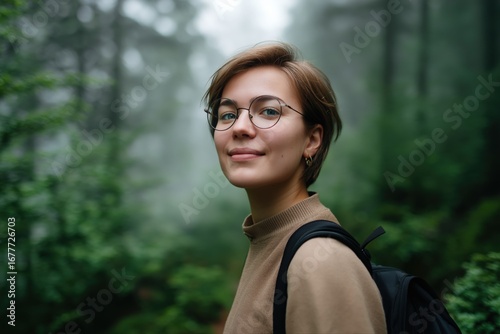 Young caucasian female hiker exploring misty forest with backpack and glasses