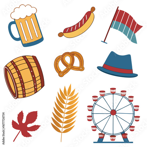 Oktoberfest icons including beer mug, sausage, flag, pretzel isolated on white background