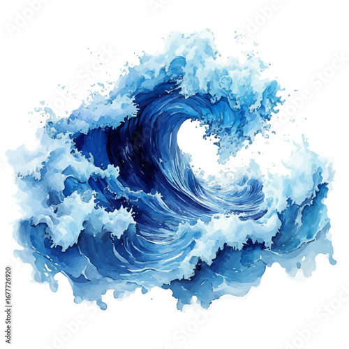 Ocean Waves Crashing Shore, watercolor illustration vector, isolated on a white background.