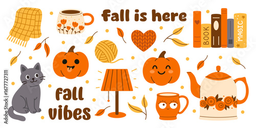 Vector cute autumn cozy set isolated on white. Funny pumpkin, cat, book, mug, teapot, lamp, yarn ball, scarf and leaves. Happy fall vibes design. Cute cozy collection.