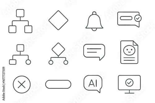 Chatbot Flow Icons. Line style icons of chatbot flow builder: drag-and-drop bot flow, decision block icon, trigger node symbol,
