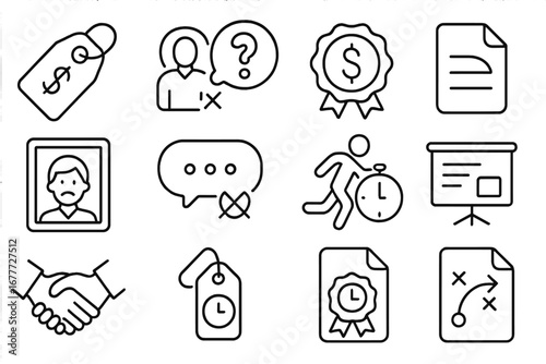 Fundraising Mistakes Icons. Line style icons of fundraising mistakes: overvaluation tag, unclear ask icon, weak financials badge,