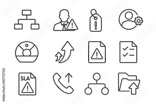 Escalation Procedure Icons. Line style icons of escalation procedures: escalation flowchart, manager alert icon, urgent case tag,