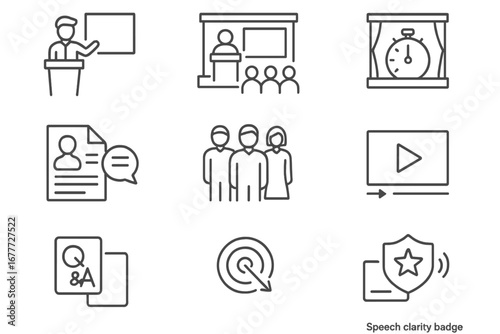 Pitch Rehearsal Icons. Line style icons of pitch rehearsal: founder presentation icon, mock pitch event, timer on stage, coach
