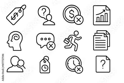 Fundraising Mistakes Icons. Line style icons of fundraising mistakes: overvaluation tag, unclear ask icon, weak financials badge,