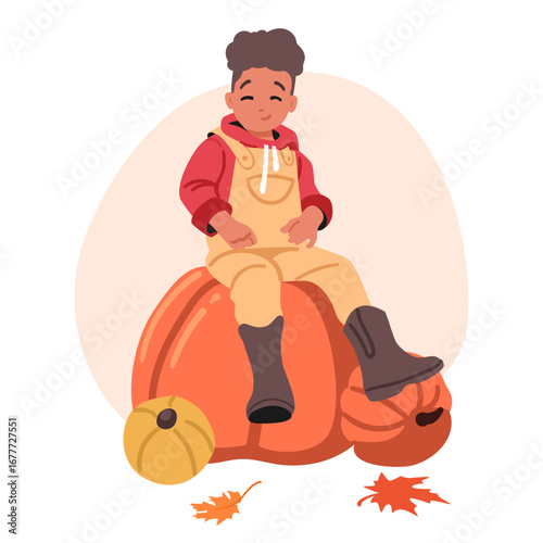 Cute funny toddler boy child character sitting on huge ripe pumpkin cartoon autumn harvest scene