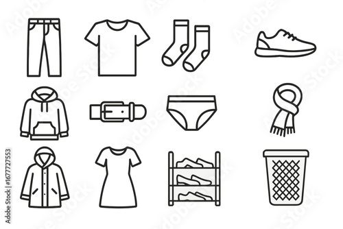 Wardrobe Basics Icons. Line style icons of wardrobe basics: jeans icon, T-shirt, socks pair, sneakers, hoodie icon, belt buckle,