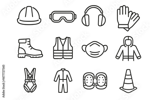 Safety Gear Icons. Line style icons of safety gear: hard hat, safety goggles, ear protection, safety gloves, steel toe boots, high