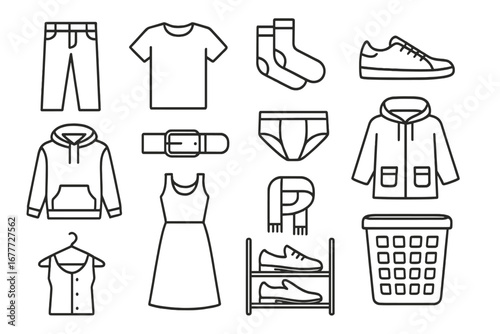 Wardrobe Basics Icons. Line style icons of wardrobe basics: jeans icon, T-shirt, socks pair, sneakers, hoodie icon, belt buckle,
