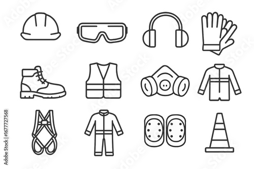 Safety Gear Icons. Line style icons of safety gear: hard hat, safety goggles, ear protection, safety gloves, steel toe boots, high