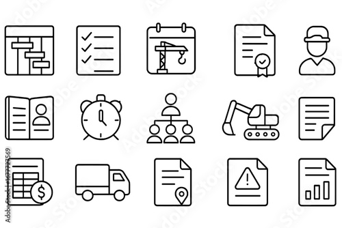 Project Management Icons. Line style icons of project management tools: Gantt chart icon, task checklist, construction schedule,