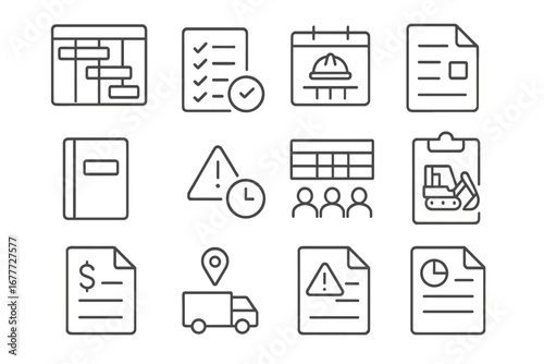 Project Management Icons. Line style icons of project management tools: Gantt chart icon, task checklist, construction schedule,