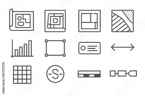 Site Planning Icons. Line style icons of site planning symbols: blueprint icon, site map, floor plan icon, zoning lines, elevation