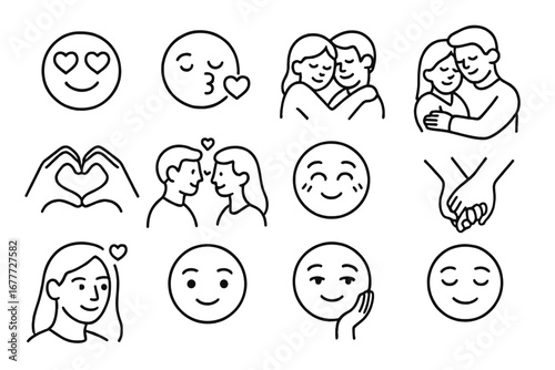 Icons of Affection. Line style icons of love and affection: heart eyes, blowing kiss, cuddle pose, couple hug, hands forming heart