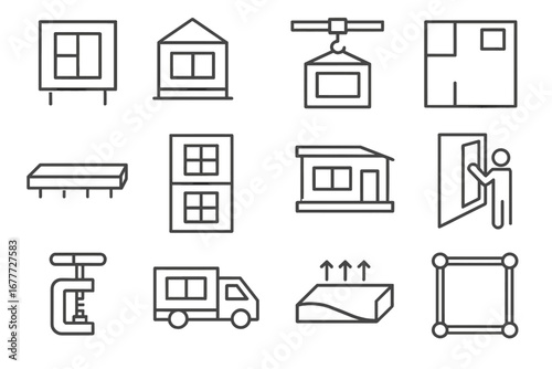 Modular Construction Icons. Line style icons of modular construction: prefab wall, modular unit icon, assembly crane, module plan,