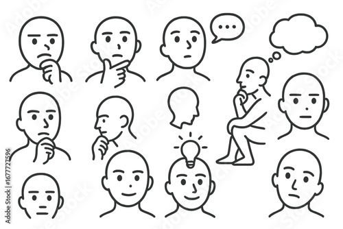 Thought and Reflection Icons. Line style icons of thought and reflection: thinking face, hand on chin, gaze upward, speech bubble