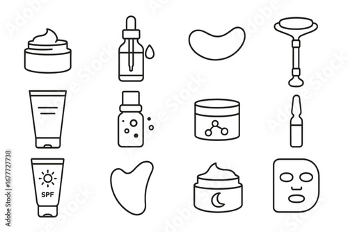 Anti-Aging Care Icons. Line style icons of anti-aging care: wrinkle cream, lifting serum, eye patch, jade roller, firming gel, age