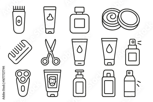 Men's Grooming Icons. Line style icons of men’s grooming: beard trimmer, shaving cream, aftershave bottle, hair wax tin, beard