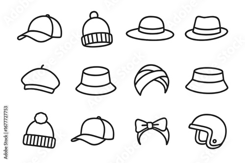 Diverse Headwear Icons. Line style icons of headwear and hats: baseball cap, beanie icon, sunhat, fedora hat, beret icon, bucket