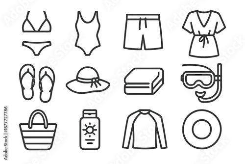 Beachwear Line Icons. Line style icons of swimwear and beachwear: bikini set, one-piece suit, swim trunks, beach coverup,
