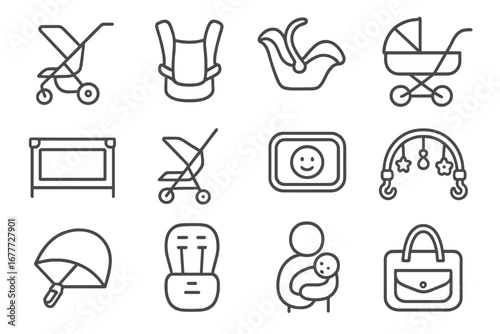 Baby Transport Icons. Line style icons of baby transport: stroller icon, baby carrier, car seat, pram icon, travel crib, foldable