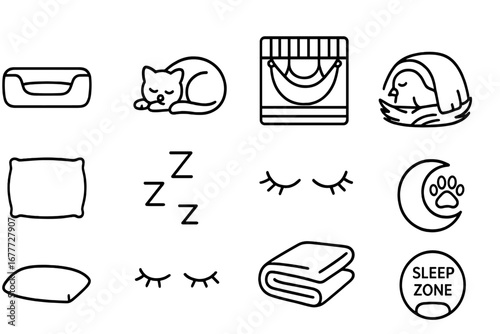 Pet Sleep Icons. Line style icons of pet sleeping and rest: dog bed, curled-up cat, sleeping bunny, cage hammock, nesting bird,