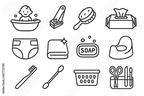 Baby Hygiene Icons. Line style icons of baby hygiene: baby bath, nail clippers, baby brush, wet wipe pack, diaper icon, clean